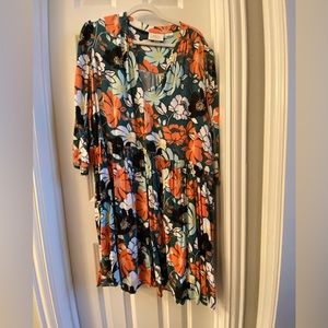 Floral V-Neck Tiered Women's Dress - Orange & Teal